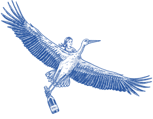 Das kleine Mädchen Magdalena fliegt auf dem Rücken von Storch Wilhelm, der eine exquisite Weinflasche hält, über die Dächer Liesings.