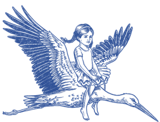 Auf dem Rücken des Storchs Wilhelm fliegt Magdalena, ein kleines Mädchen mit geflochtenen Zöpfen, über die Dächer Liesings.