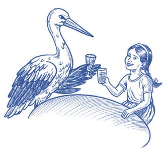 Storch Wilhelm und Magdalena stoßen gemeinsam bei Tisch an.